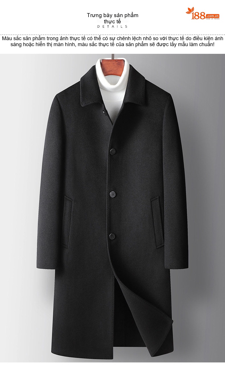 Áo Khoác Dạ Nam Dáng Dài Woolen Cổ Bẻ Thanh Niên Sang Trọng Màu Đen, Xám chi tiết 9