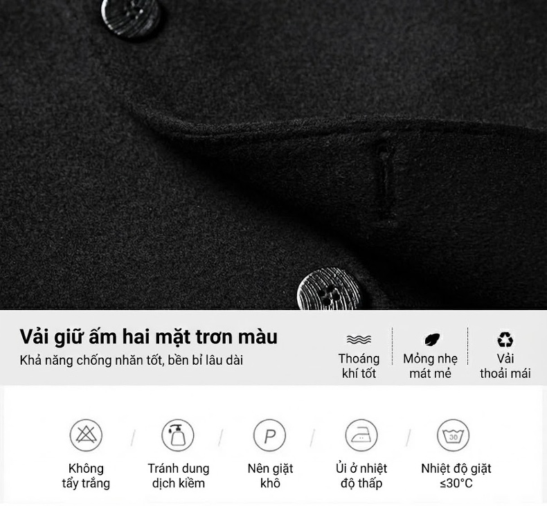 Áo Khoác Dạ Nam Dáng Dài Woolen Cổ Bẻ Thanh Niên Sang Trọng Màu Đen, Xám chi tiết 6