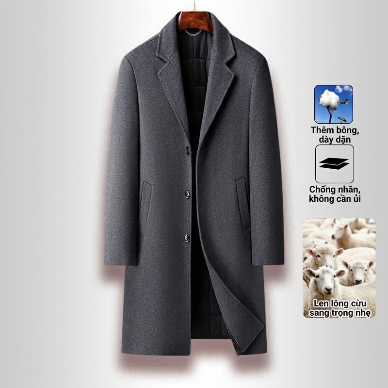 Áo Khoác Dạ Nam Dáng Dài Woolen Phong Cách Business Casual Màu Đen, Xám