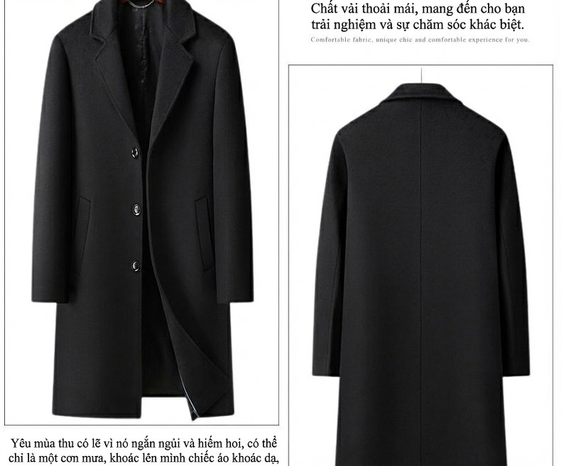 Áo Khoác Dạ Nam Dáng Dài Woolen Phong Cách Business Casual Màu Đen, Xám chi tiết 7