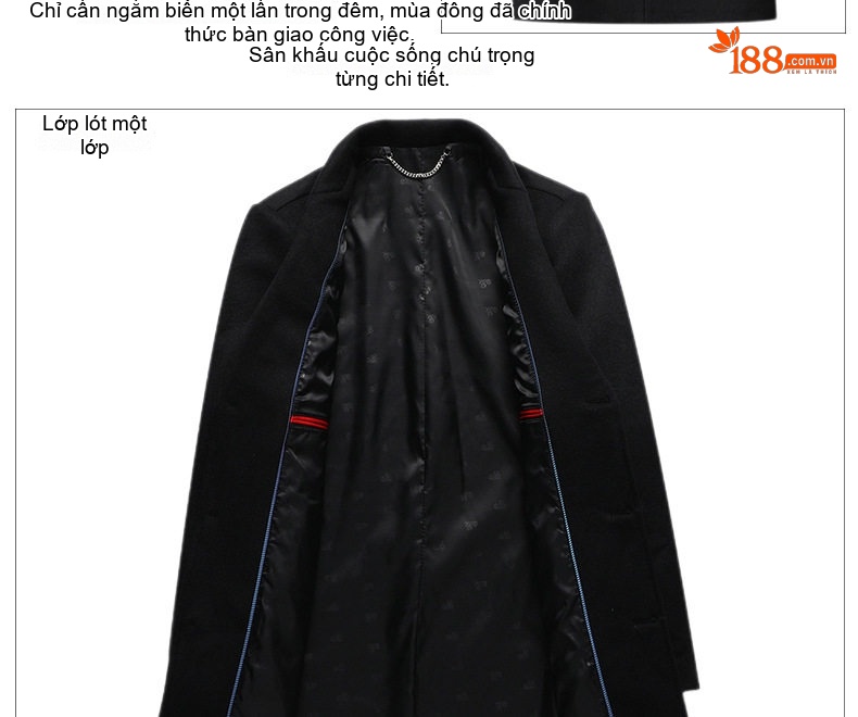 Áo Khoác Dạ Nam Dáng Dài Woolen Phong Cách Business Casual Màu Đen, Xám chi tiết 8