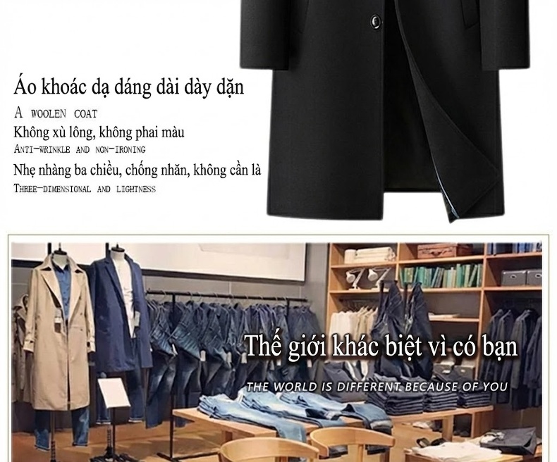 Áo Khoác Dạ Nam Dáng Dài Woolen Phong Cách Business Casual Màu Đen, Xám chi tiết 2