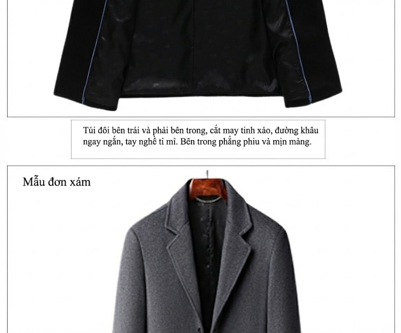 Áo Khoác Dạ Nam Dáng Dài Woolen Phong Cách Business Casual Màu Đen, Xám chi tiết 9
