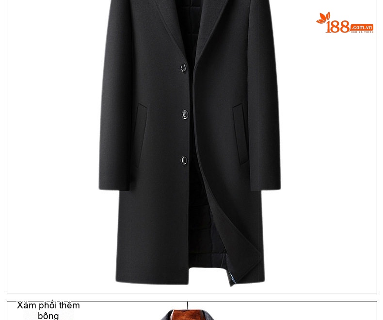 Áo Khoác Dạ Nam Dáng Dài Woolen Phong Cách Business Casual Màu Đen, Xám chi tiết 11