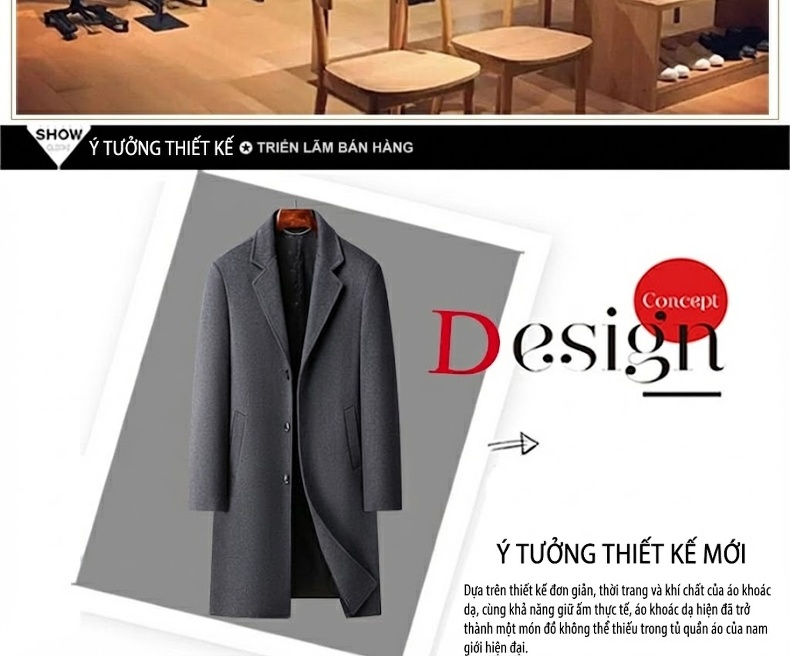 Áo Khoác Dạ Nam Dáng Dài Woolen Phong Cách Business Casual Màu Đen, Xám chi tiết 3