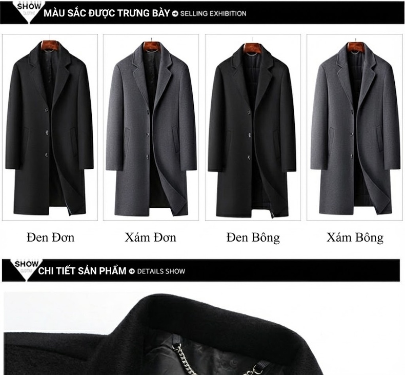 Áo Khoác Dạ Nam Dáng Dài Woolen Phong Cách Business Casual Màu Đen, Xám chi tiết 14