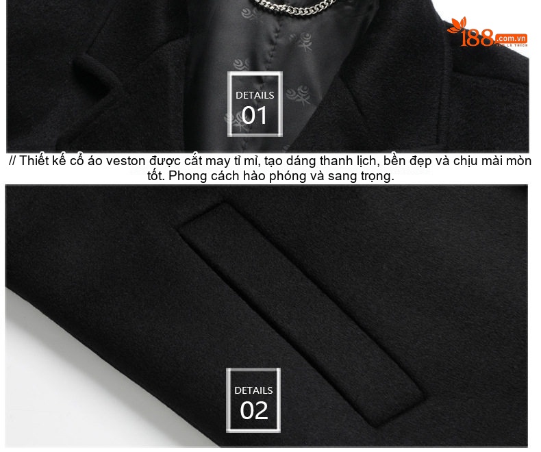 Áo Khoác Dạ Nam Dáng Dài Woolen Phong Cách Business Casual Màu Đen, Xám chi tiết 15
