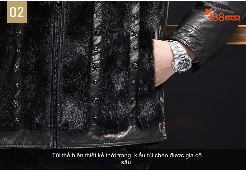 Áo Khoác Da Nam Dáng Ngắn Da Thật Lót Lông Chồn Màu Đen chi tiết 8