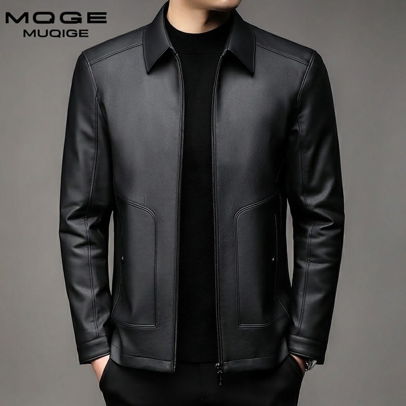 Áo Khoác Da Nam Dáng Ôm Cổ Bẻ Lót Lông Màu Đen, Xám