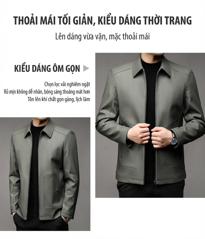 Áo Khoác Da Nam Dáng Ôm Cổ Bẻ Lót Lông Màu Đen, Xám chi tiết 3