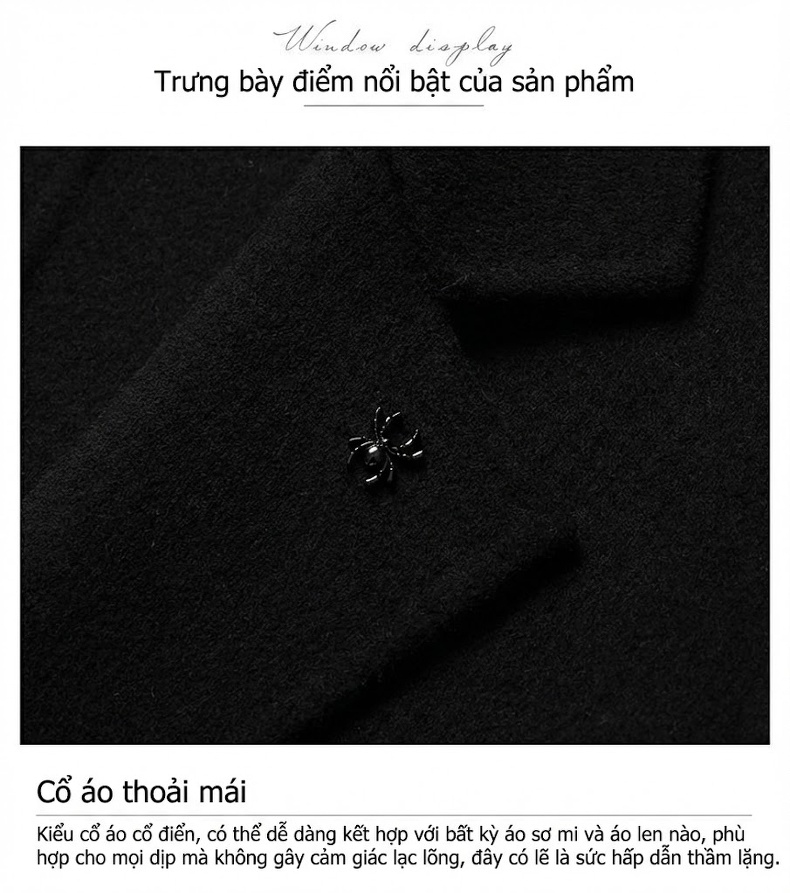 Áo Khoác Dạ Nam Dáng Rộng Hai Mặt Lông Cừu Màu Đen chi tiết 5