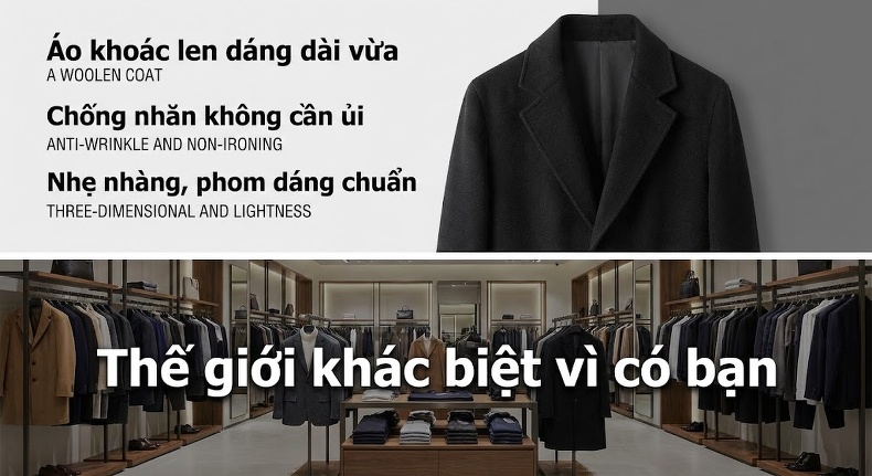 Áo Khoác Dạ Nam Dáng Vừa Vải Wool Lịch Lãm Màu Nâu, Đen, Xám chi tiết 1