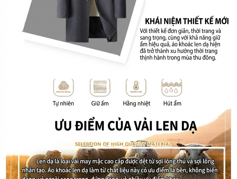Áo Khoác Dạ Nam Dáng Vừa Vải Wool Lịch Lãm Màu Nâu, Đen, Xám chi tiết 3