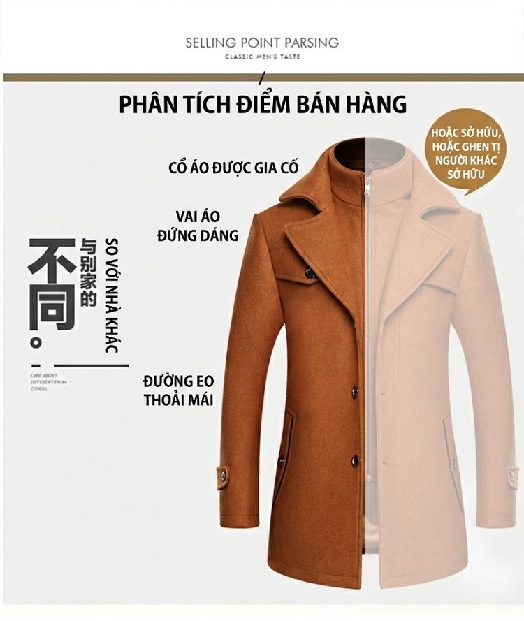 Áo Khoác Dạ Nam Hai Cổ Dày Dặn Lót Lông Cừu Màu Nâu, Đen, Xám, Đỏ Rượu Vang... chi tiết 10