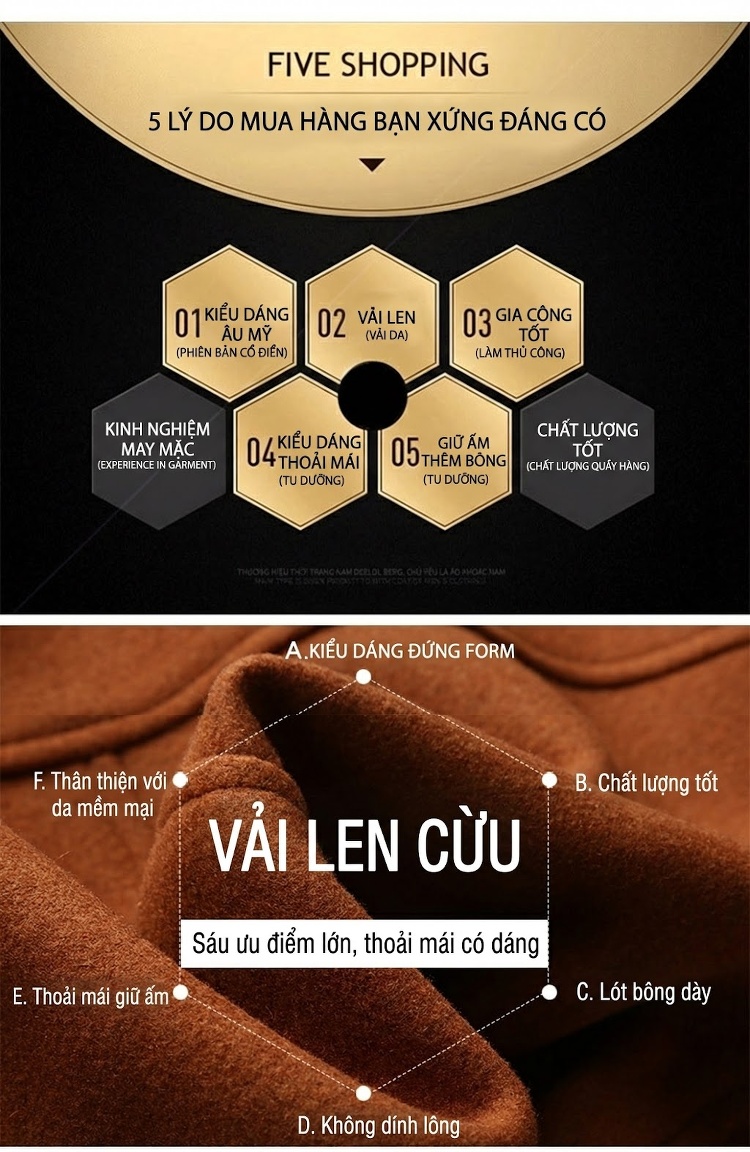 Áo Khoác Dạ Nam Hai Cổ Dày Dặn Lót Lông Cừu Màu Nâu, Đen, Xám, Đỏ Rượu Vang... chi tiết 3