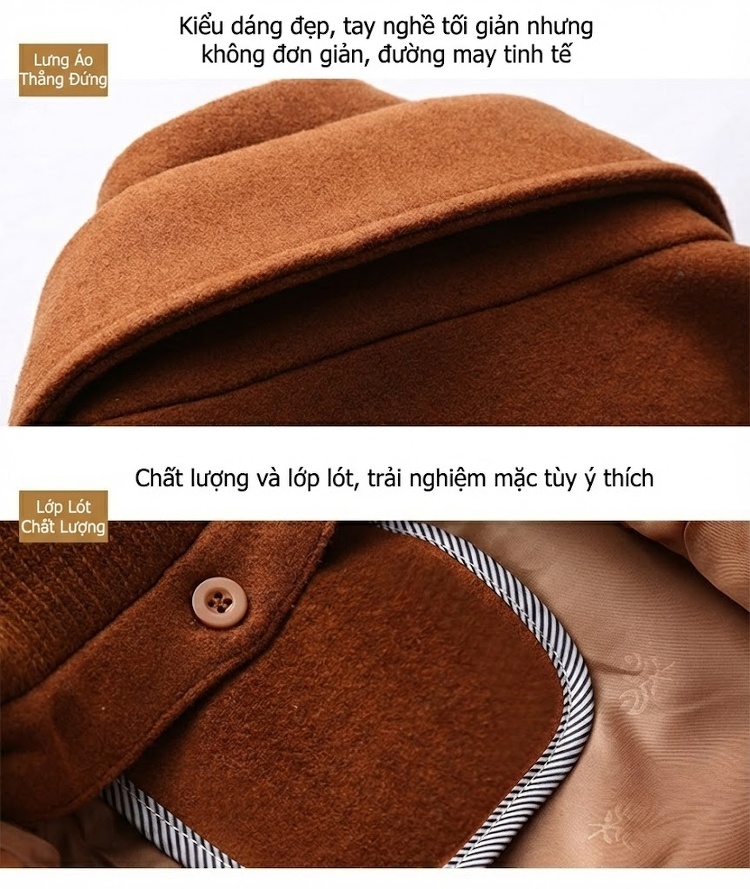 Áo Khoác Dạ Nam Hai Cổ Dày Dặn Lót Lông Cừu Màu Nâu, Đen, Xám, Đỏ Rượu Vang... chi tiết 8