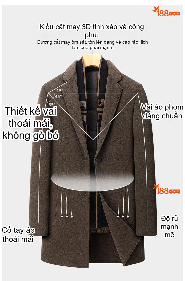 Áo Khoác Dạ Nam Hai Mặt Cổ Khăn Choàng Tháo Rời, Lót Trong Dạ Màu Đen, Nâu chi tiết 4