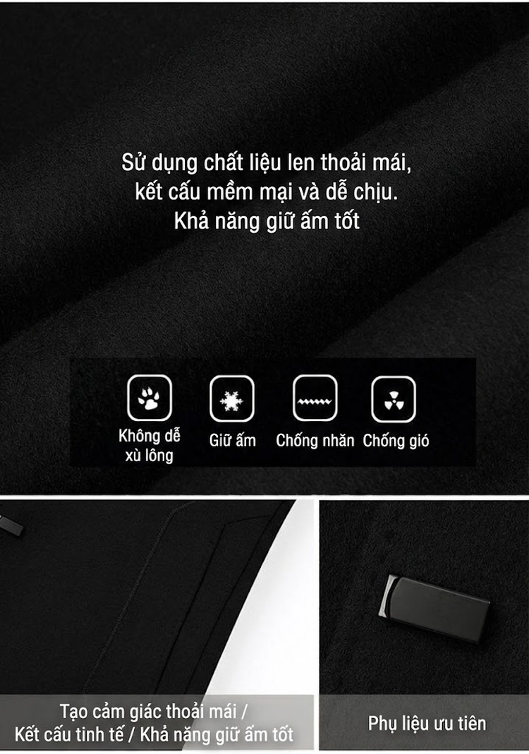 Áo Khoác Dạ Nam Hai Mặt Cổ Khăn Choàng Tháo Rời, Lót Trong Dạ Màu Đen, Nâu chi tiết 2