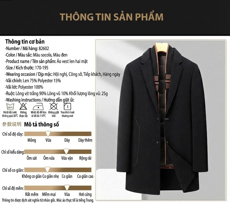 Áo Khoác Dạ Nam Hai Mặt Cổ Khăn Choàng Tháo Rời, Lót Trong Dạ Màu Đen, Nâu chi tiết 6