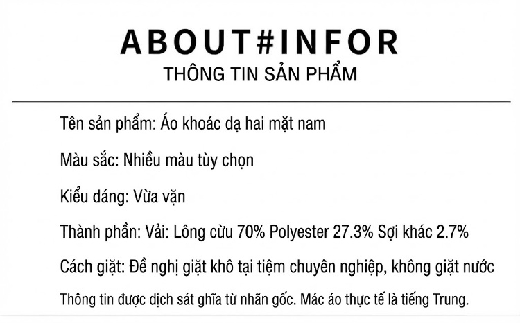 Áo Khoác Dạ Nam Hai Mặt Cúc Đôi Lớp Lót Lông Cừu Tháo Rời Màu Đen, Nâu, Xám chi tiết 10