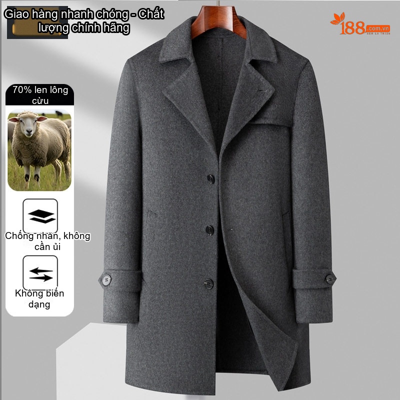 Áo Khoác Dạ Nam Hai Mặt Dáng Dài Cổ chữ Vest Dày Dặn Màu Đen, Xám
