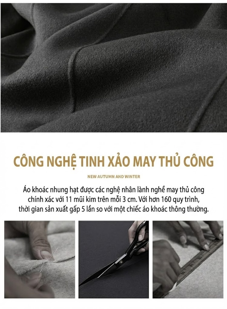 Áo Khoác Dạ Nam Hai Mặt Dáng Dài Cổ chữ Vest Thanh Lịch Chất Liệu Lông Cừu Màu Đen chi tiết 3