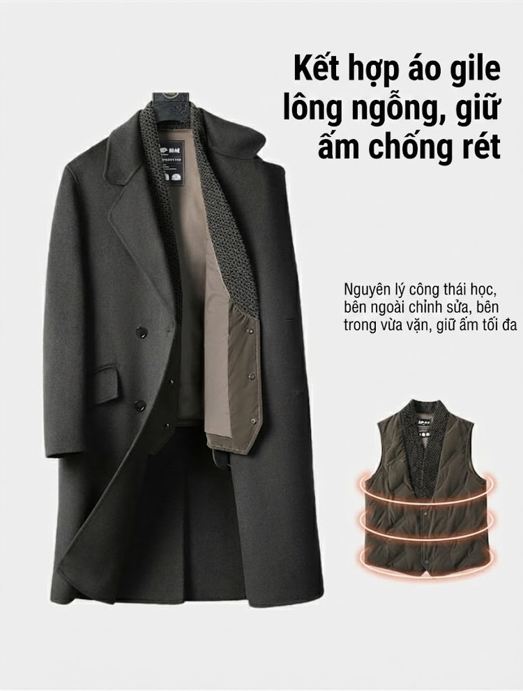 Áo Khoác Dạ Nam Hai Mặt Dáng Dài Cổ chữ Vest Thanh Lịch Chất Liệu Lông Cừu Màu Đen chi tiết 4