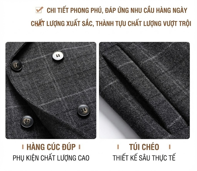 Áo Khoác Dạ Nam Hai Mặt Dáng Dài Kẻ Caro Màu Xám chi tiết 10