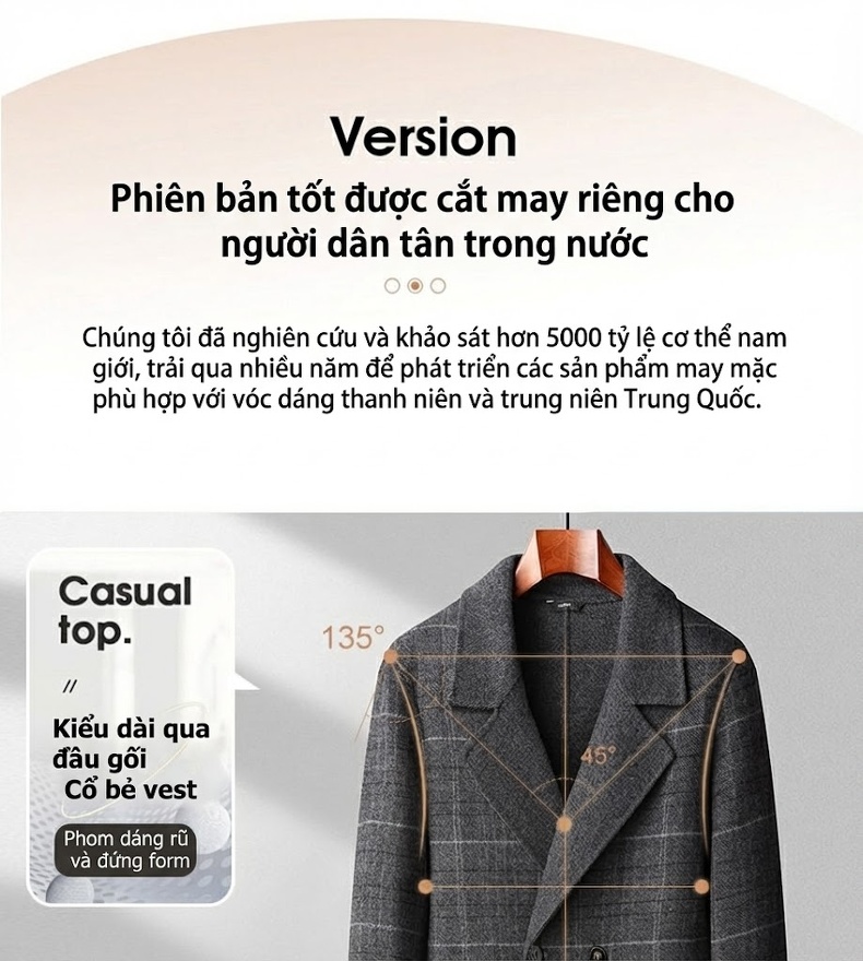 Áo Khoác Dạ Nam Hai Mặt Dáng Dài Kẻ Caro Màu Xám chi tiết 3
