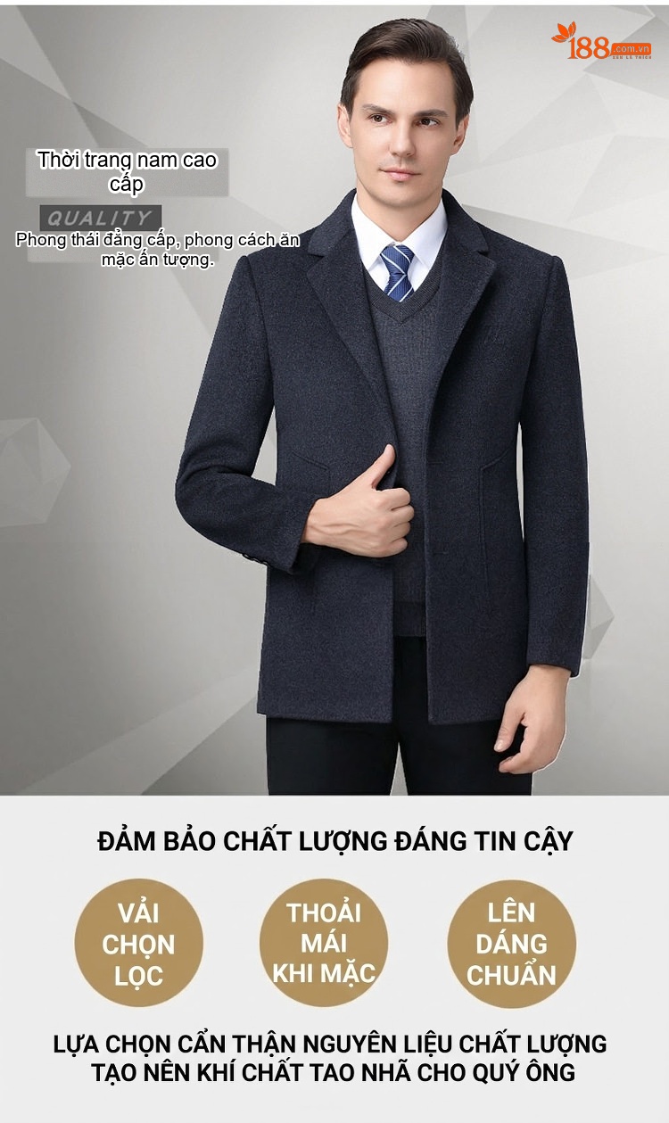 Áo Khoác Dạ Nam Hai Mặt Lông Cừu Áo Khoác Ngoài Công Sở Phong Cách Doanh Nhân Màu Xám Đậm chi tiết 1