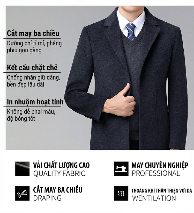 Áo Khoác Dạ Nam Hai Mặt Lông Cừu Áo Khoác Ngoài Công Sở Phong Cách Doanh Nhân Màu Xám Đậm chi tiết 2