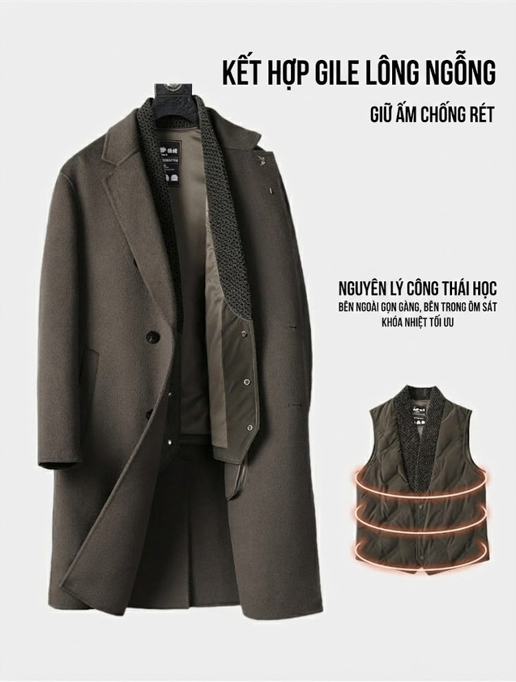 Áo Khoác Dạ Nam Hai Mặt Lông Cừu Cổ chữ Vest Trung Dài Phong Cách Công Sở Màu Be, Nâu, Xám, Đen... chi tiết 4