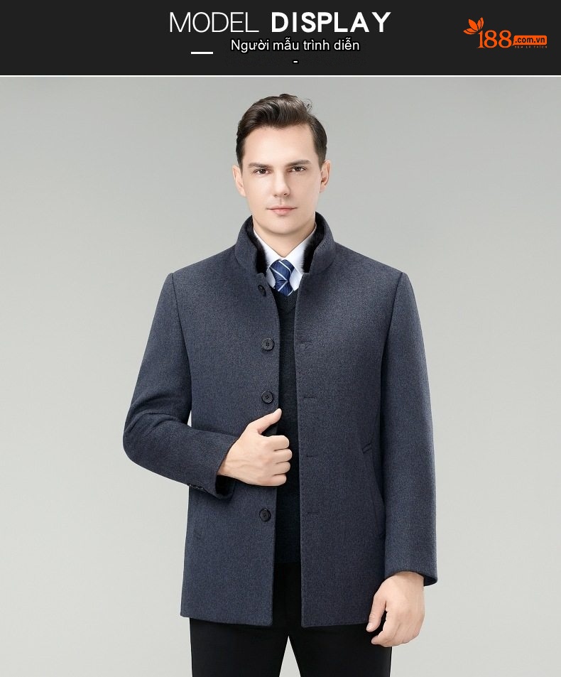 Áo Khoác Dạ Nam Hai Mặt Lông Cừu Cổ Lông Chồn Ấm Áp Màu Xanh Navy, Xám, Đen chi tiết 7