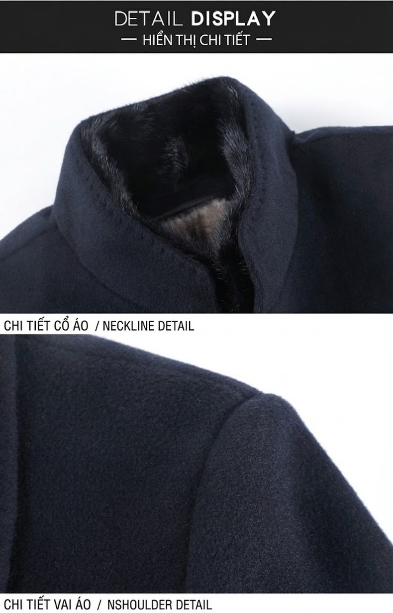 Áo Khoác Dạ Nam Hai Mặt Lông Cừu Cổ Lông Chồn Ấm Áp Màu Xanh Navy, Xám, Đen chi tiết 18