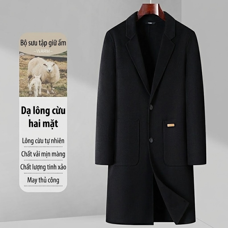 Áo Khoác Dạ Nam Hai Mặt Lông Cừu Dáng Dài Cổ chữ Vest Phong Cách Business Casual Màu Đen, Xám, Nâu, Xanh