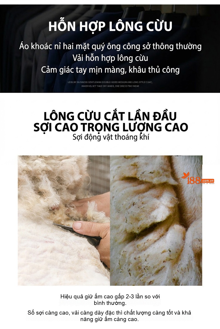 Áo Khoác Dạ Nam Hai Mặt Lông Cừu Dáng Dài Cổ chữ Vest Phong Cách Business Casual Màu Đen, Xám, Nâu, Xanh chi tiết 2