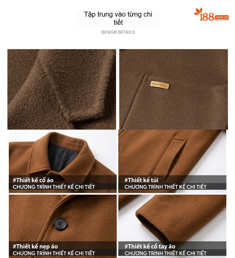 Áo Khoác Dạ Nam Hai Mặt Lông Cừu Dáng Dài Cổ chữ Vest Phong Cách Business Casual Màu Đen, Xám, Nâu, Xanh chi tiết 8