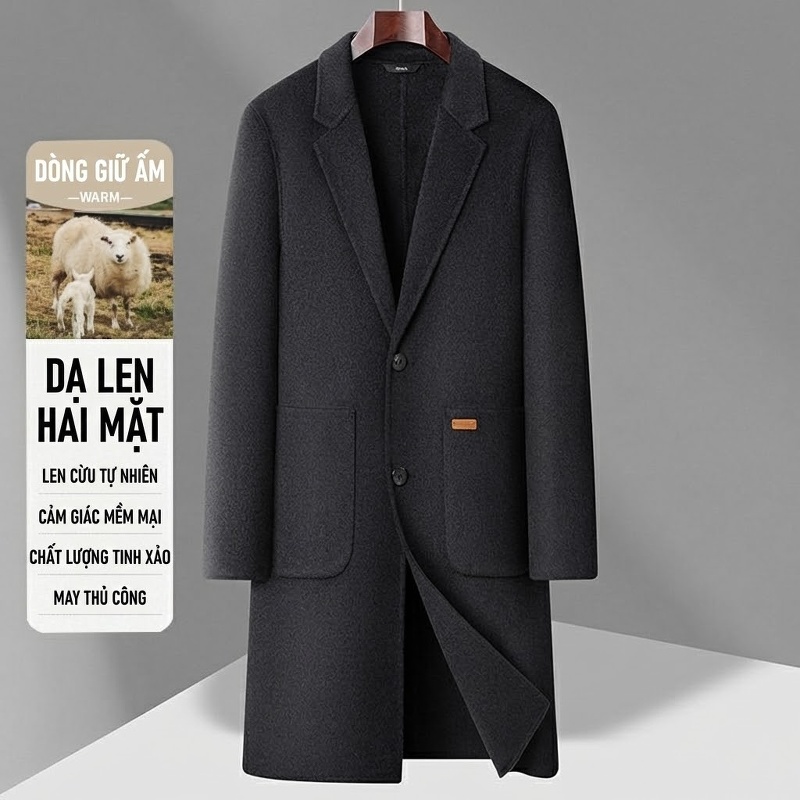 Áo Khoác Dạ Nam Hai Mặt Lông Cừu Dáng Dài Cổ chữ Vest Phong Cách Business Casual Màu Đen, Xám, Nâu, Xanh