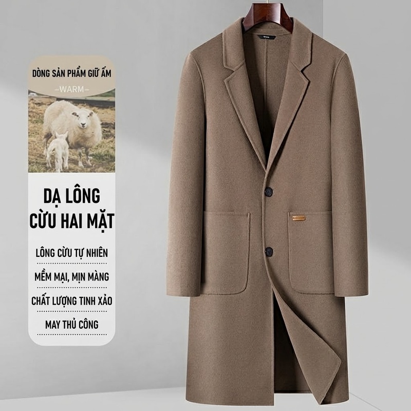 Áo Khoác Dạ Nam Hai Mặt Lông Cừu Dáng Dài Cổ chữ Vest Phong Cách Business Casual Màu Đen, Xám, Nâu, Xanh