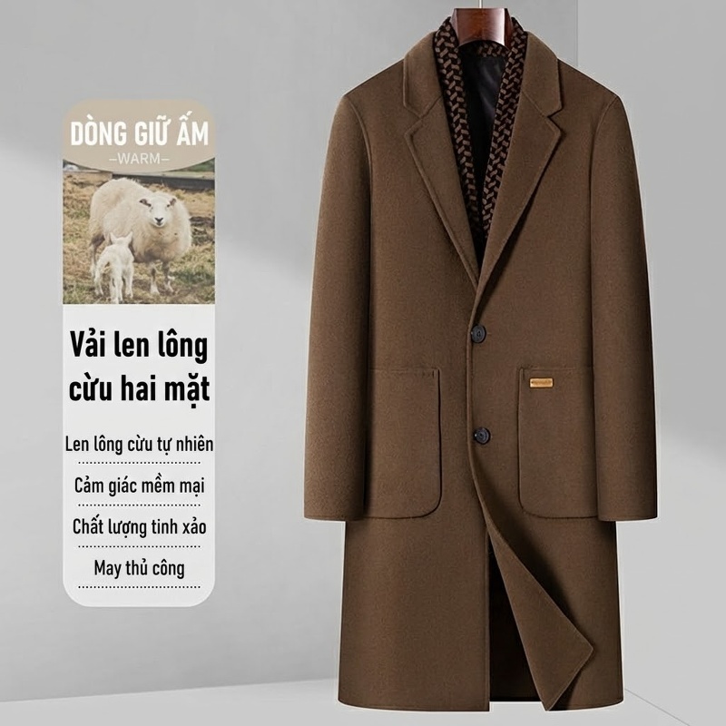 Áo Khoác Dạ Nam Hai Mặt Lông Cừu Dáng Dài Cổ chữ Vest Phong Cách Business Casual Màu Đen, Xám, Nâu, Xanh