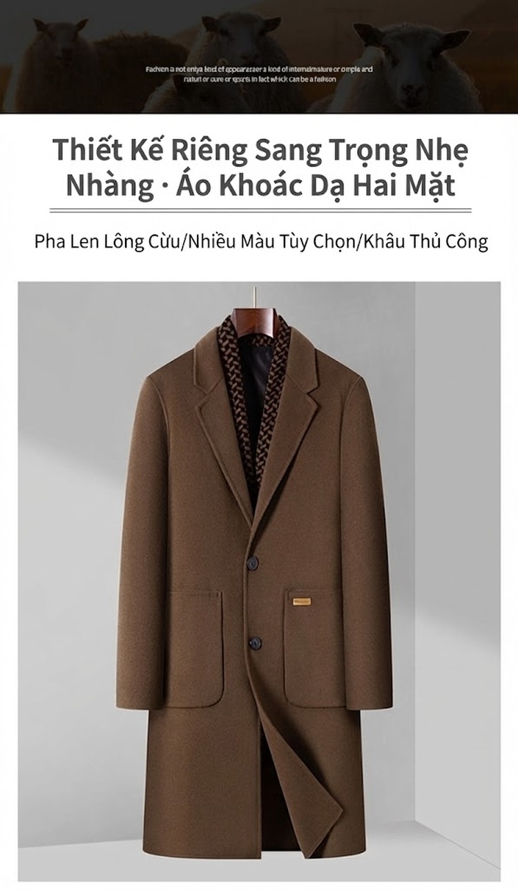 Áo Khoác Dạ Nam Hai Mặt Lông Cừu Dáng Dài Cổ chữ Vest Phong Cách Business Casual Màu Đen, Xám, Nâu, Xanh chi tiết 1