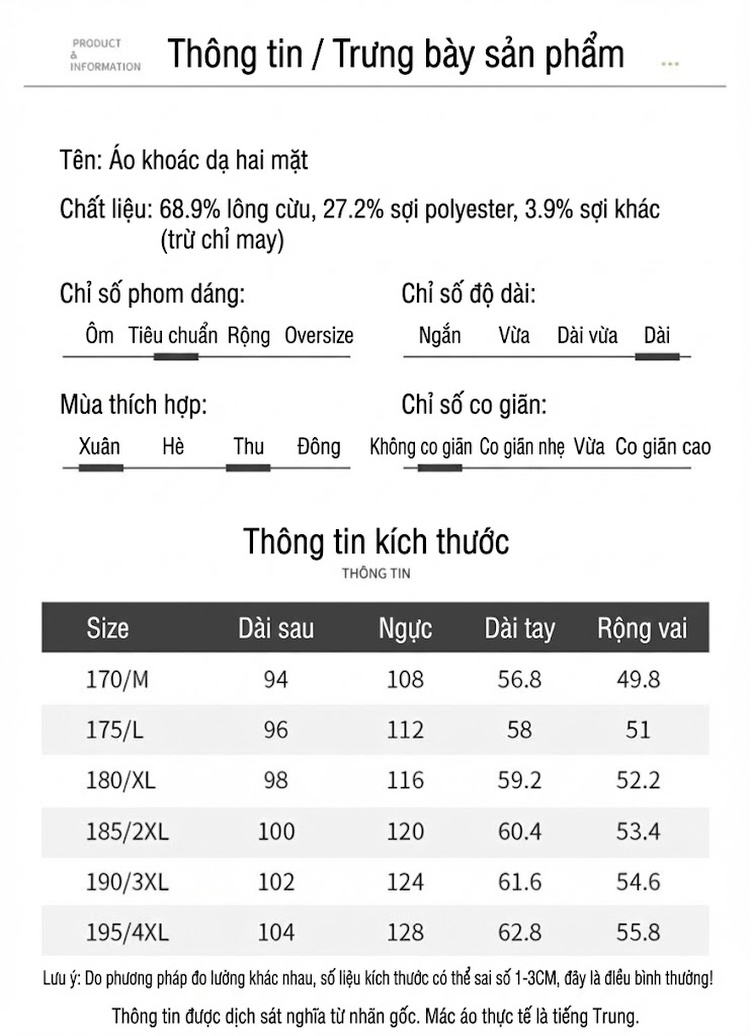 Áo Khoác Dạ Nam Hai Mặt Lông Cừu Dáng Dài Cổ chữ Vest Phong Cách Business Casual Màu Đen, Xám, Nâu, Xanh chi tiết 9