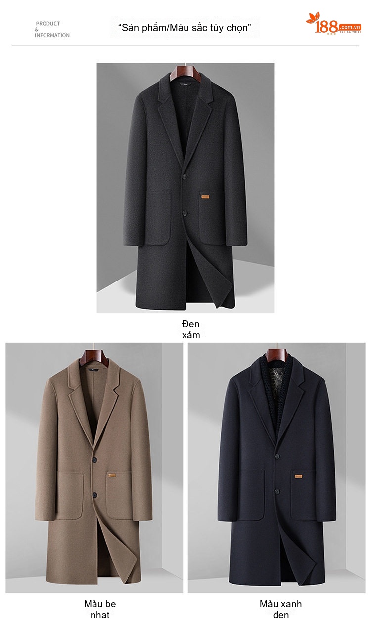 Áo Khoác Dạ Nam Hai Mặt Lông Cừu Dáng Dài Cổ chữ Vest Phong Cách Business Casual Màu Đen, Xám, Nâu, Xanh chi tiết 11
