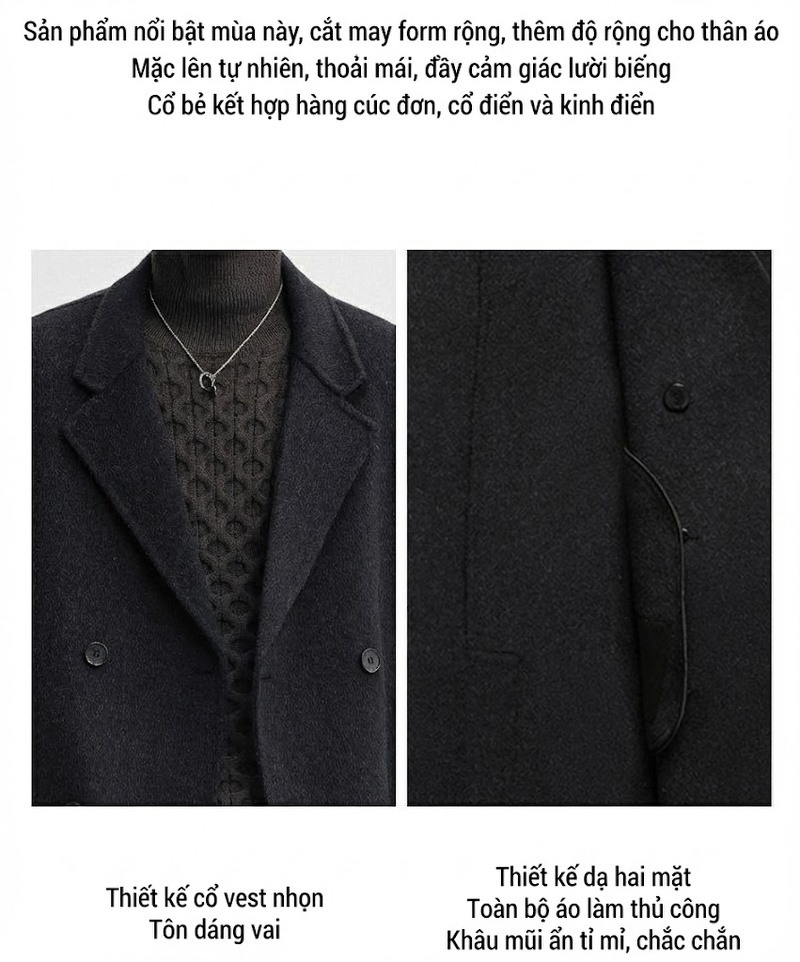 Áo Khoác Dạ Nam Hai Mặt Lông Cừu Dáng Dài Vừa Cổ chữ Vest Hai Hàng Khuy Màu Nâu, Đen chi tiết 2