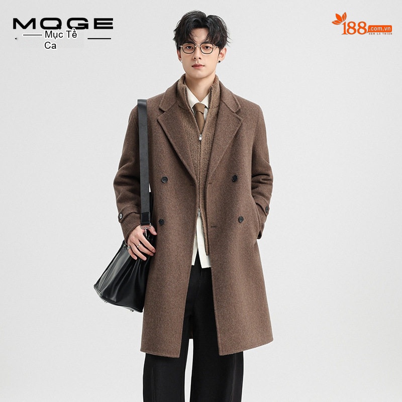Áo Khoác Dạ Nam Hai Mặt Lông Cừu Dáng Dài Vừa Cổ chữ Vest Hai Hàng Khuy Màu Nâu, Đen