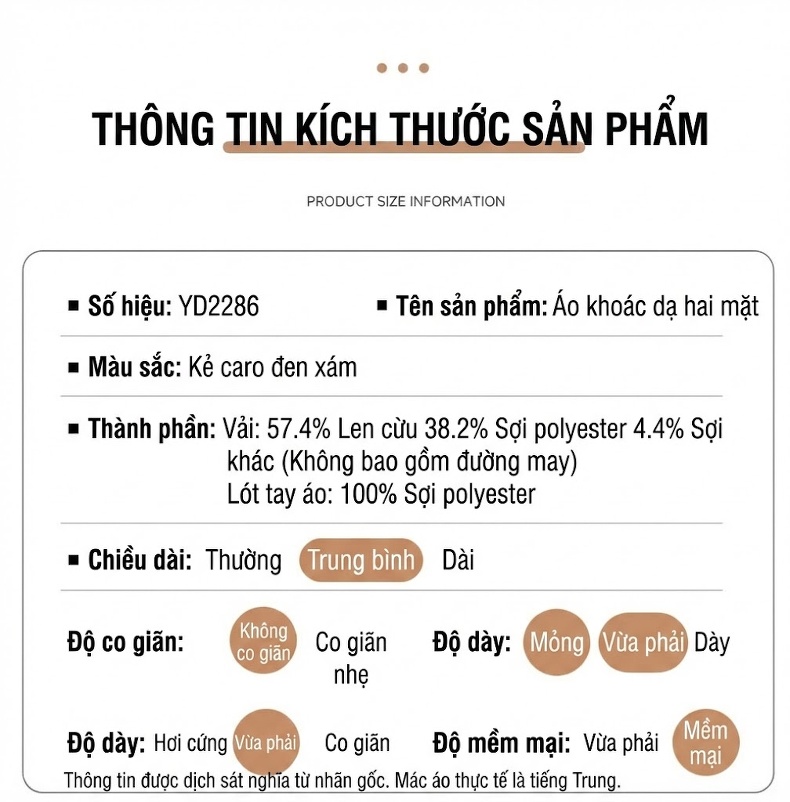 Áo Khoác Dạ Nam Hai Mặt Lông Cừu Kẻ Ô Dáng Suông Màu Xám chi tiết 13