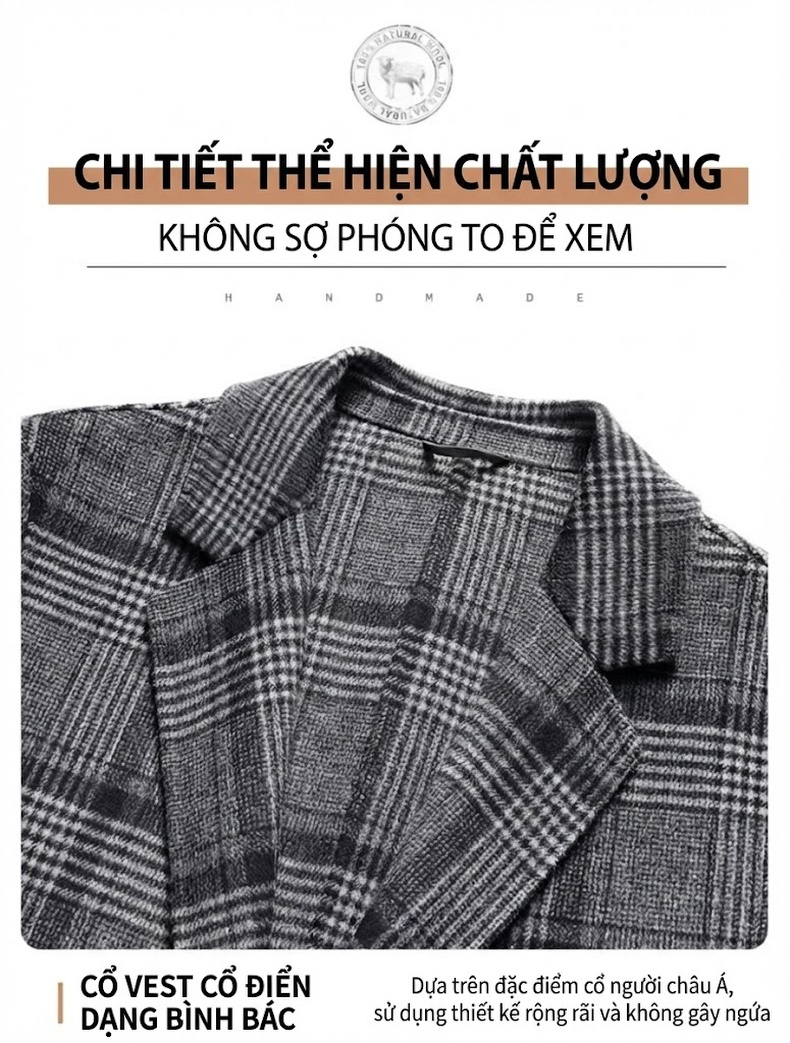 Áo Khoác Dạ Nam Hai Mặt Lông Cừu Kẻ Ô Dáng Suông Màu Xám chi tiết 11