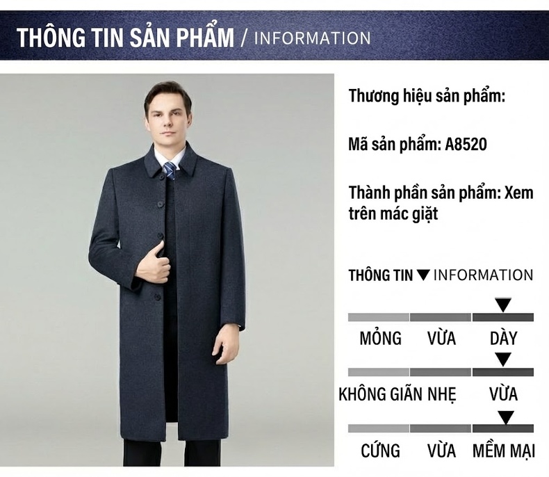 Áo Khoác Dạ Nam Hai Mặt Lông Cừu Lót Lông Vũ Dáng Dài Màu Xanh Navy chi tiết 5