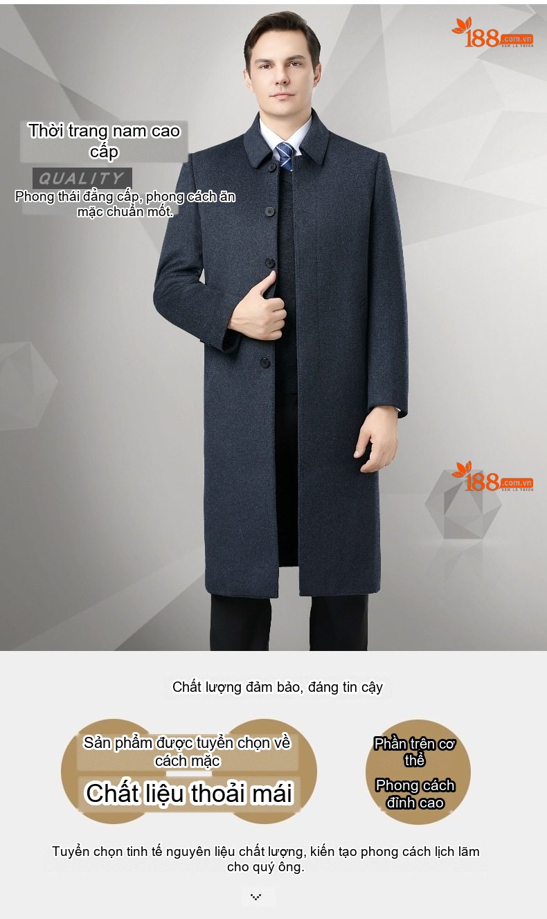 Áo Khoác Dạ Nam Hai Mặt Lông Cừu Lót Lông Vũ Dáng Dài Màu Xanh Navy chi tiết 1