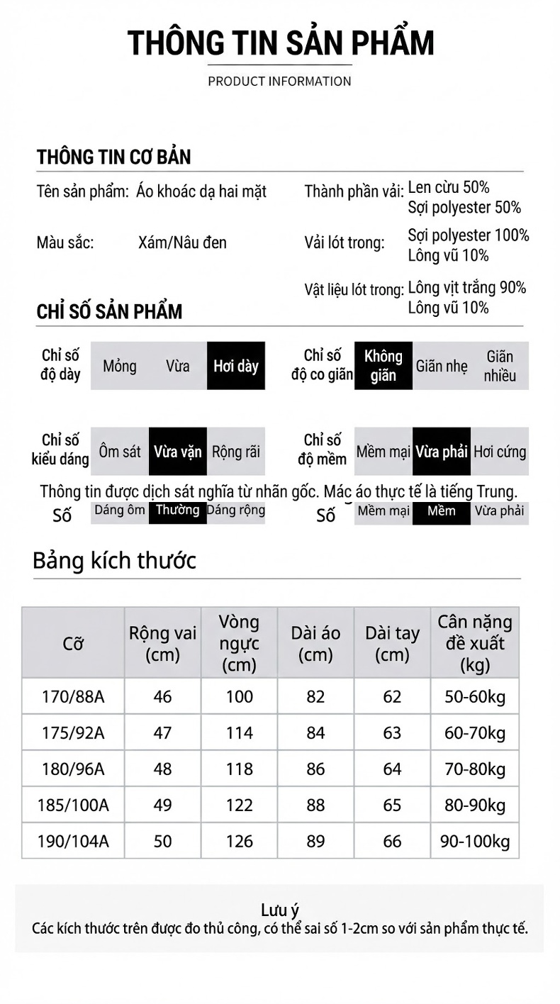 Áo Khoác Dạ Nam Hai Mặt Lót Lông Vũ Cổ Hai Lớp Màu Xám, Đen chi tiết 7